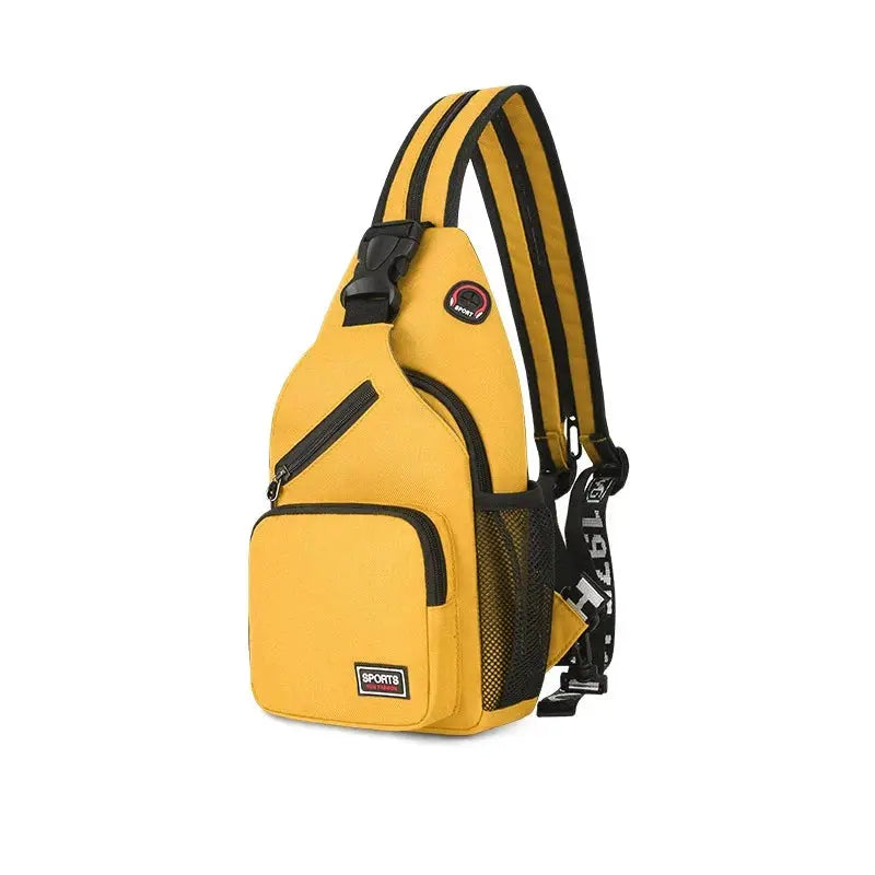 Women's chest bag by Simples Market, yellow Oxford fabric with adjustable strap and earphone hole, front zip pocket.