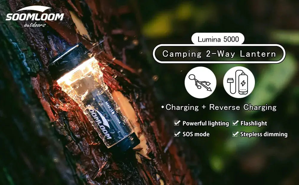 Soomloom blue camping lantern with 5000mAh rechargeable battery, outdoor waterproof LED light, 2-way lantern