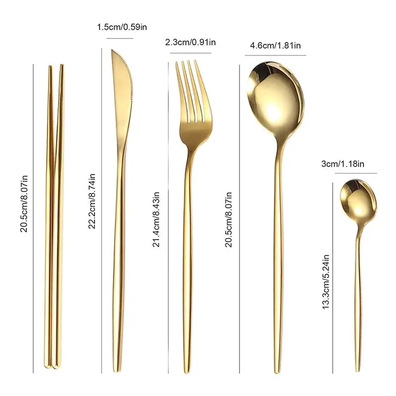 Golden Stainless Steel Portuguese Cutlery Set 6pc or 30pc Upscale Dinner Knife Fork Spoon Teaspoon Chopsticks