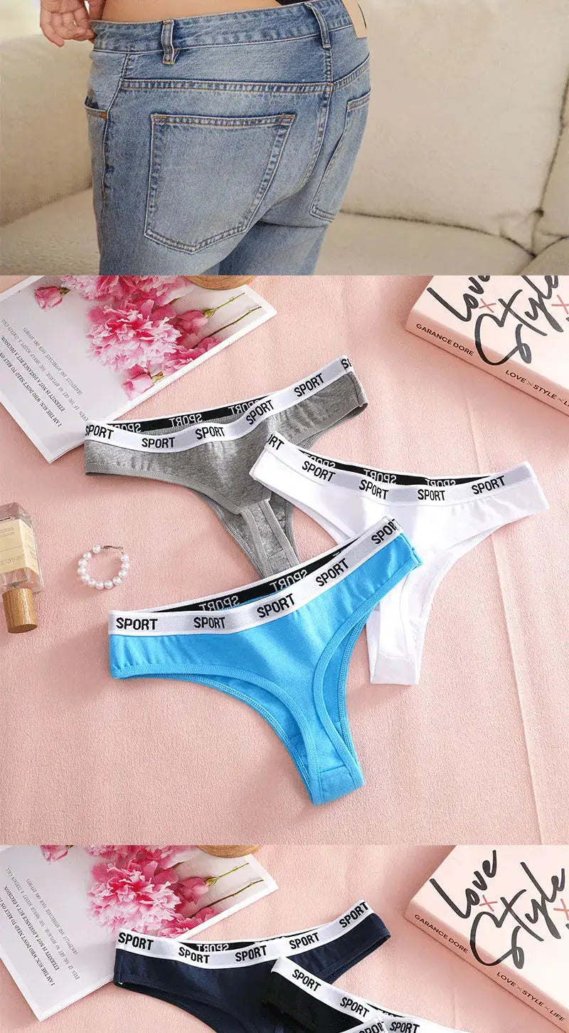 FINETOO 4-piece women's cotton thong set in grey, white, blue and navy with SPORT waistband