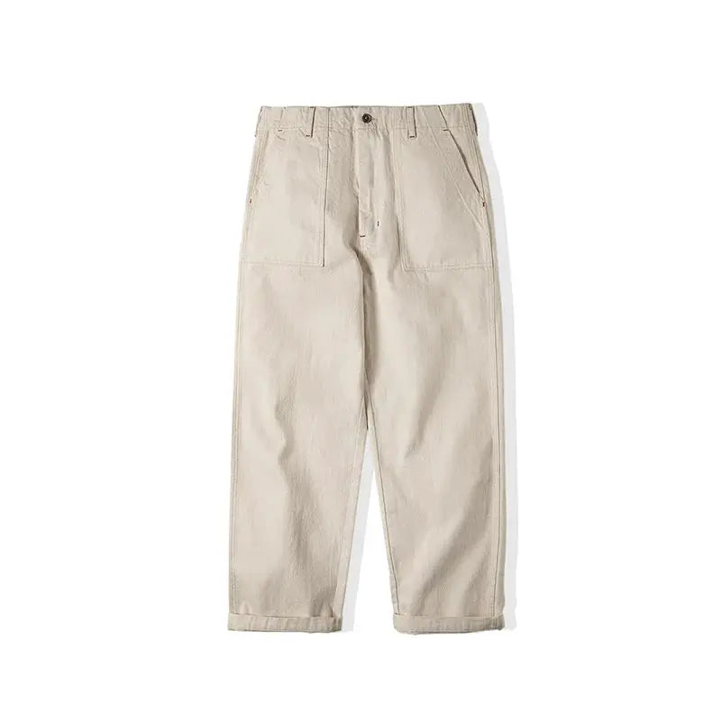 Maden Vintage white cottonseed hull jeans for men, loose-fit straight cargo pants with rolled cuffs
