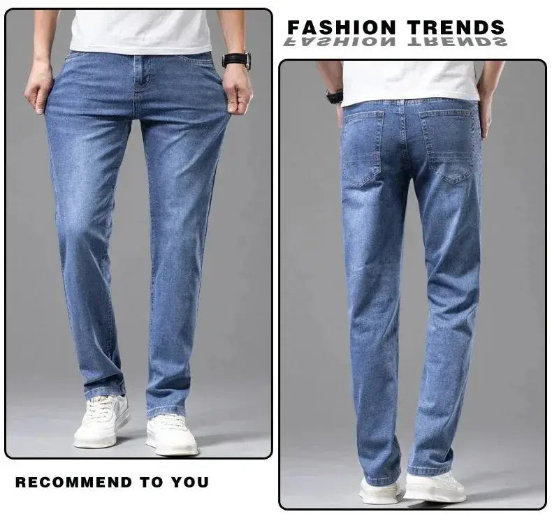 Men's blue denim jeans with a straight leg; front and back views