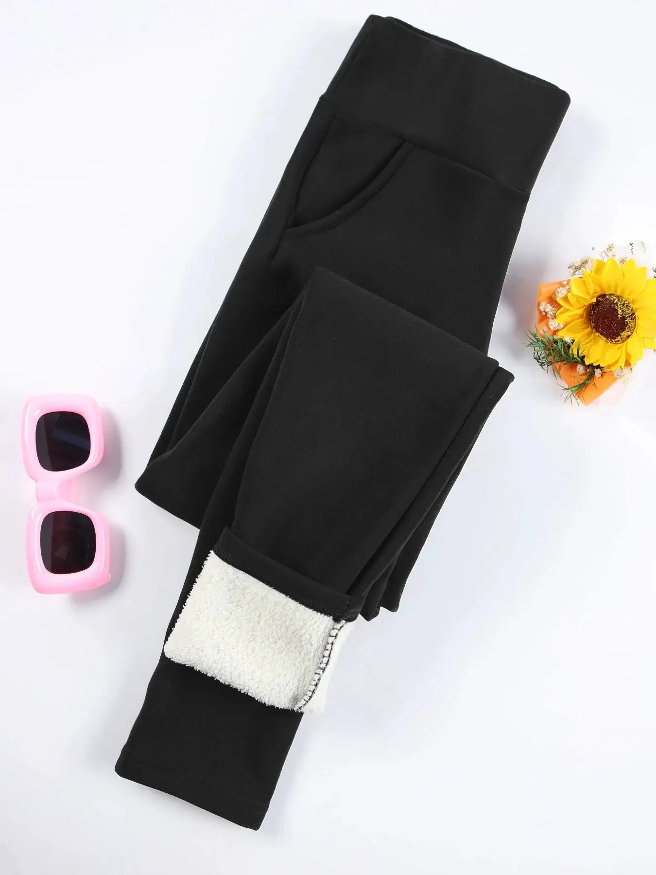 Women's black fleece-lined high-waist leggings with pockets, thick warm thermal stretch pants
