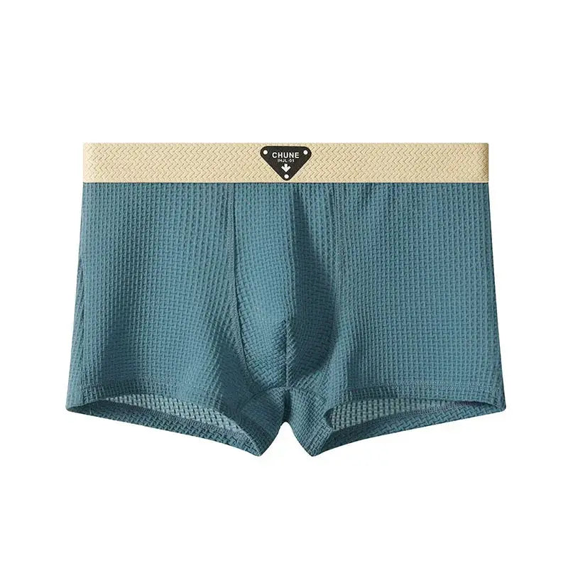 Men's boxer shorts in teal satin-like mesh fabric with beige elastic waistband and CHUNE logo