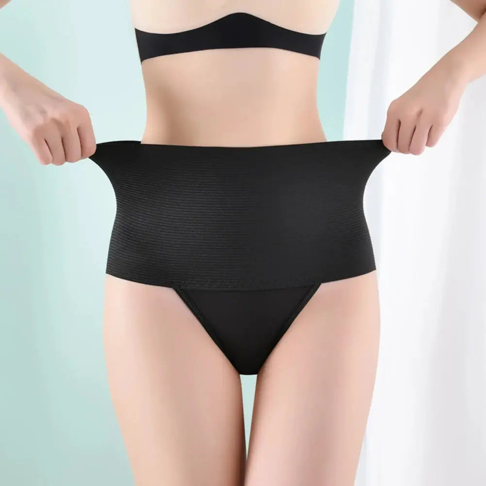 High waist elastic tummy control shapewear briefs in black with breathable non-rolling fabric
