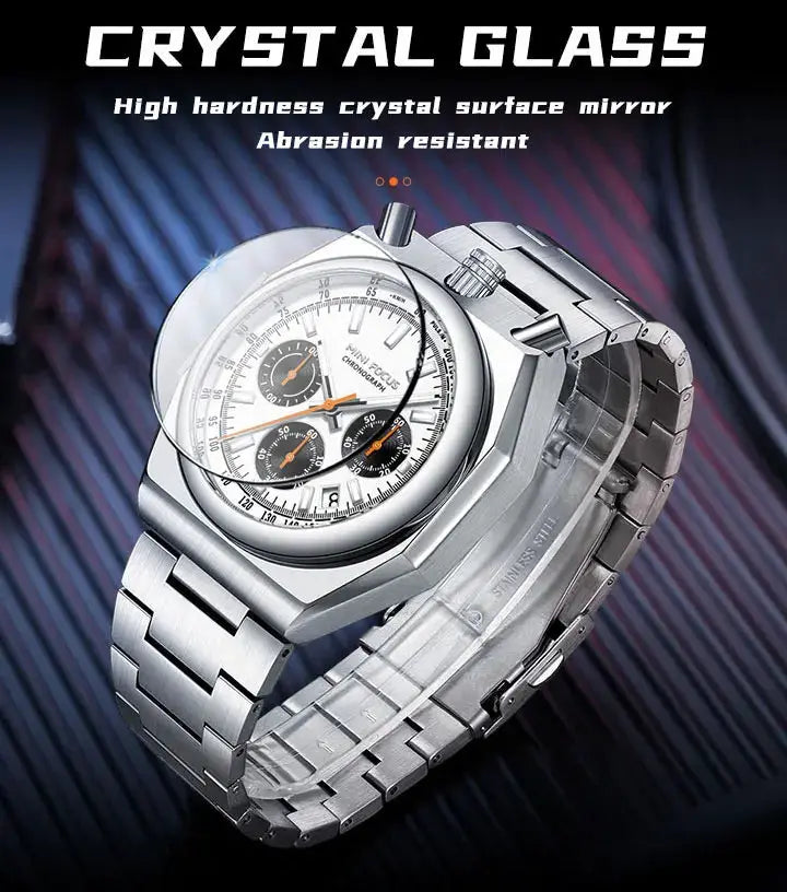 MINI FOCUS men's chronograph quartz watch with stainless steel strap, calendar, and luminous dial