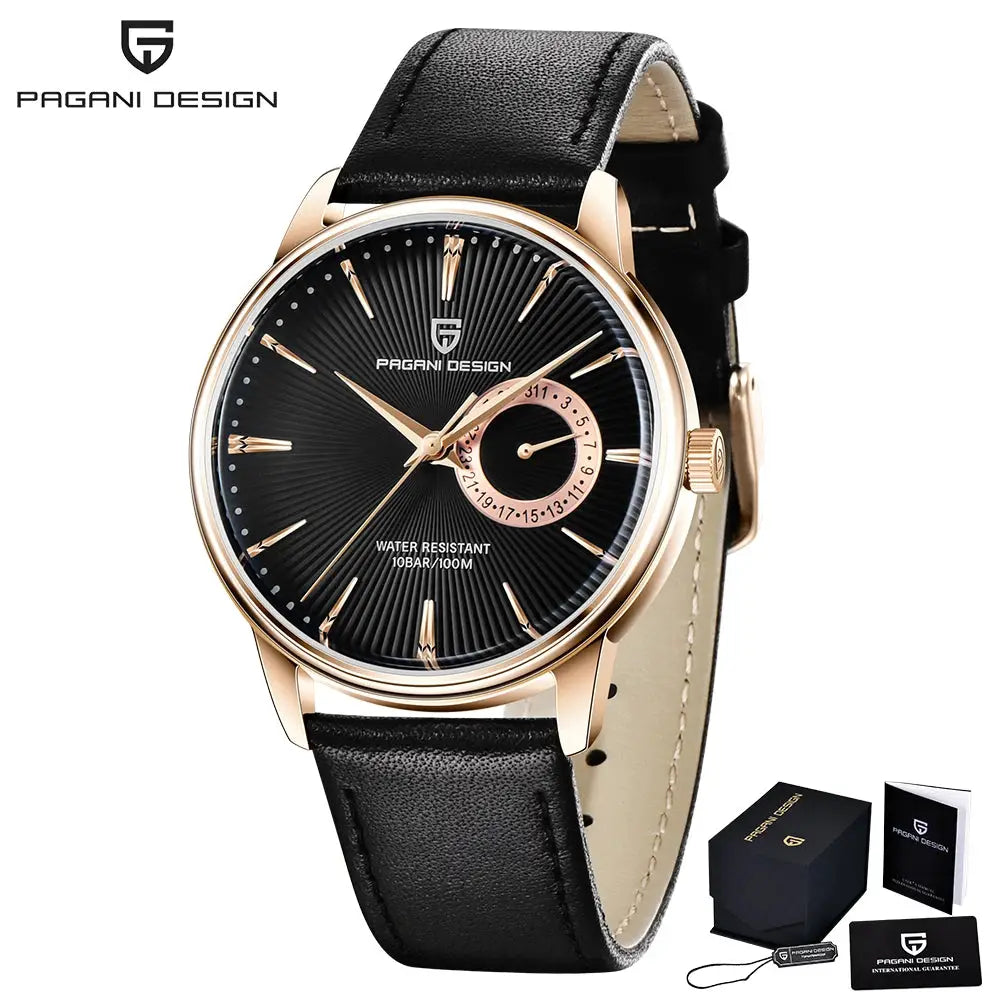 Pagani Design men's watch with black dial, rose-gold case, black leather strap, date subdial