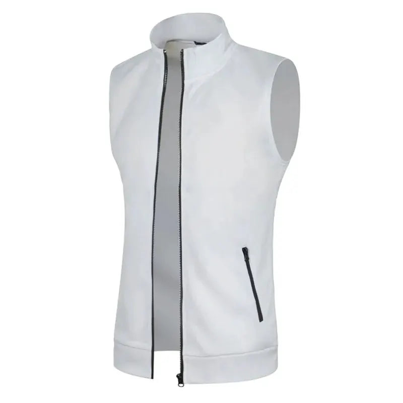 Men's white sleeveless zip-up vest with stand collar, black front zipper, and side zip pocket