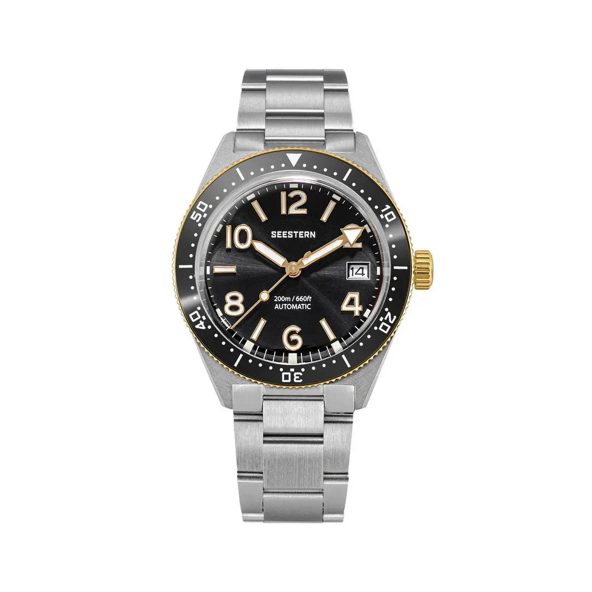 SEESTERN Diver Mens Watch, black dial with gold-tone bezel, 200m water resistant, stainless steel bracelet.