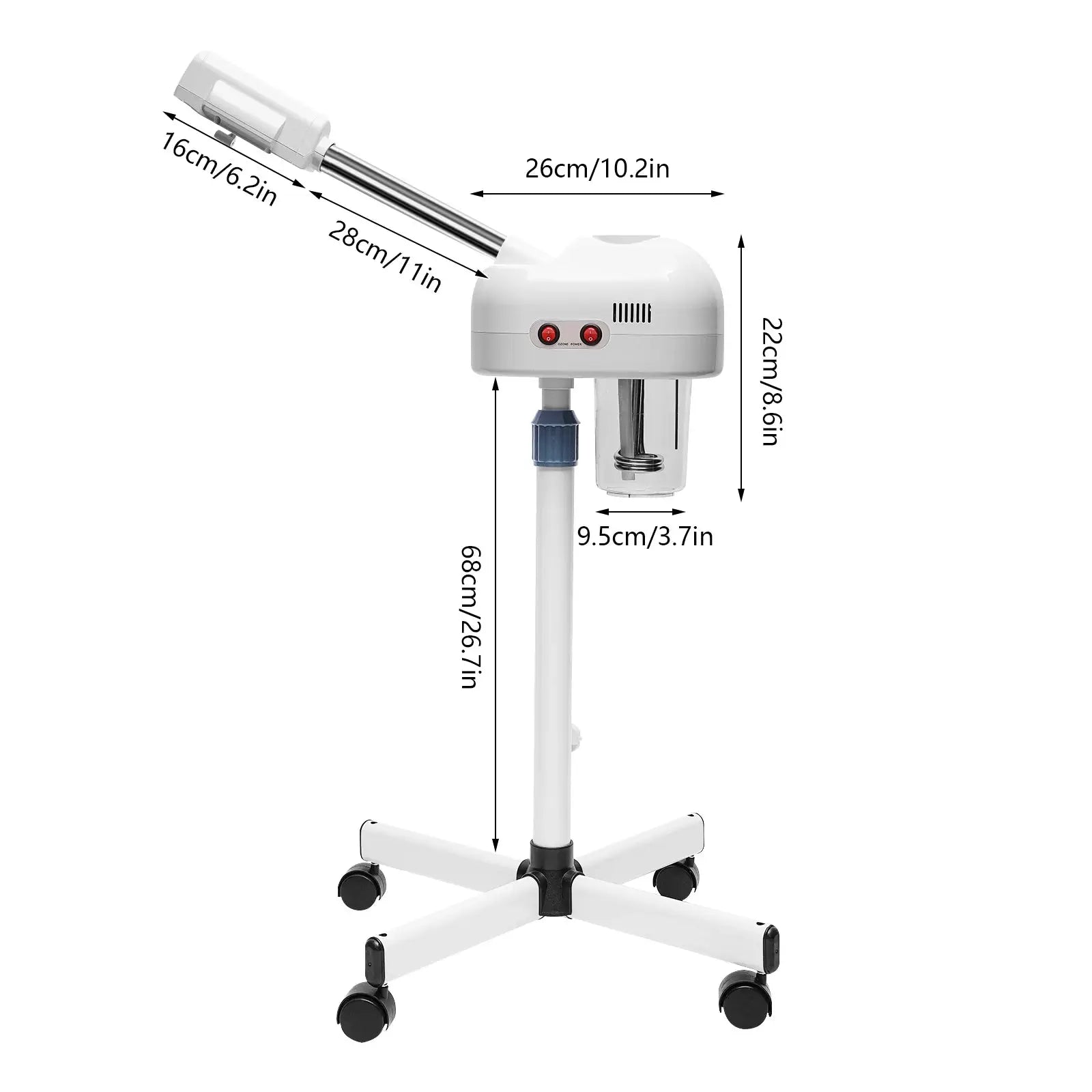 750ml ozone facial steamer by Simples Market on adjustable wheeled stand, white/black, 360° rotatable spray head