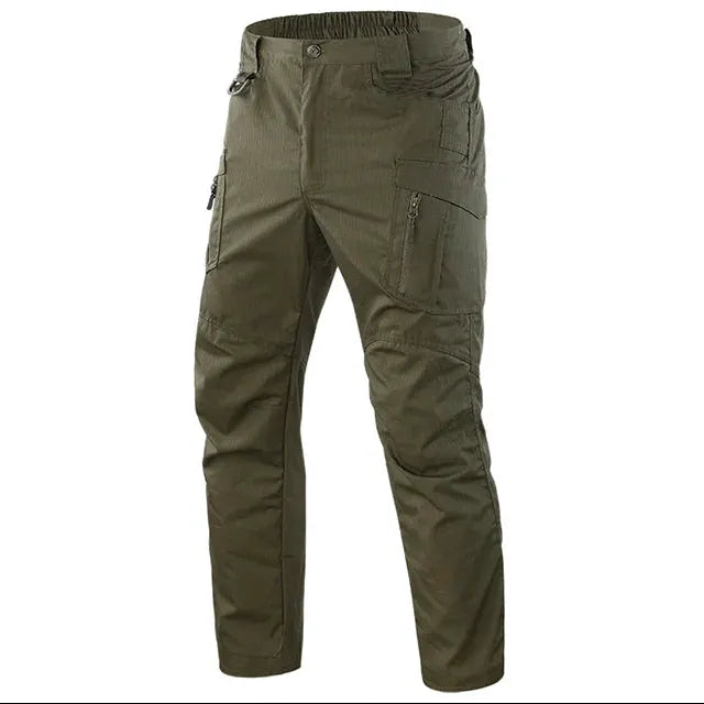 Men's cargo pants, olive green with multiple pockets, waterproof wear-resistant