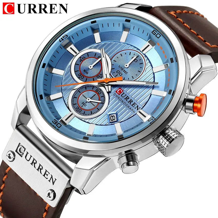 Curren 8291 men's quartz chronograph watch with blue dial, stainless steel case, and brown leather strap