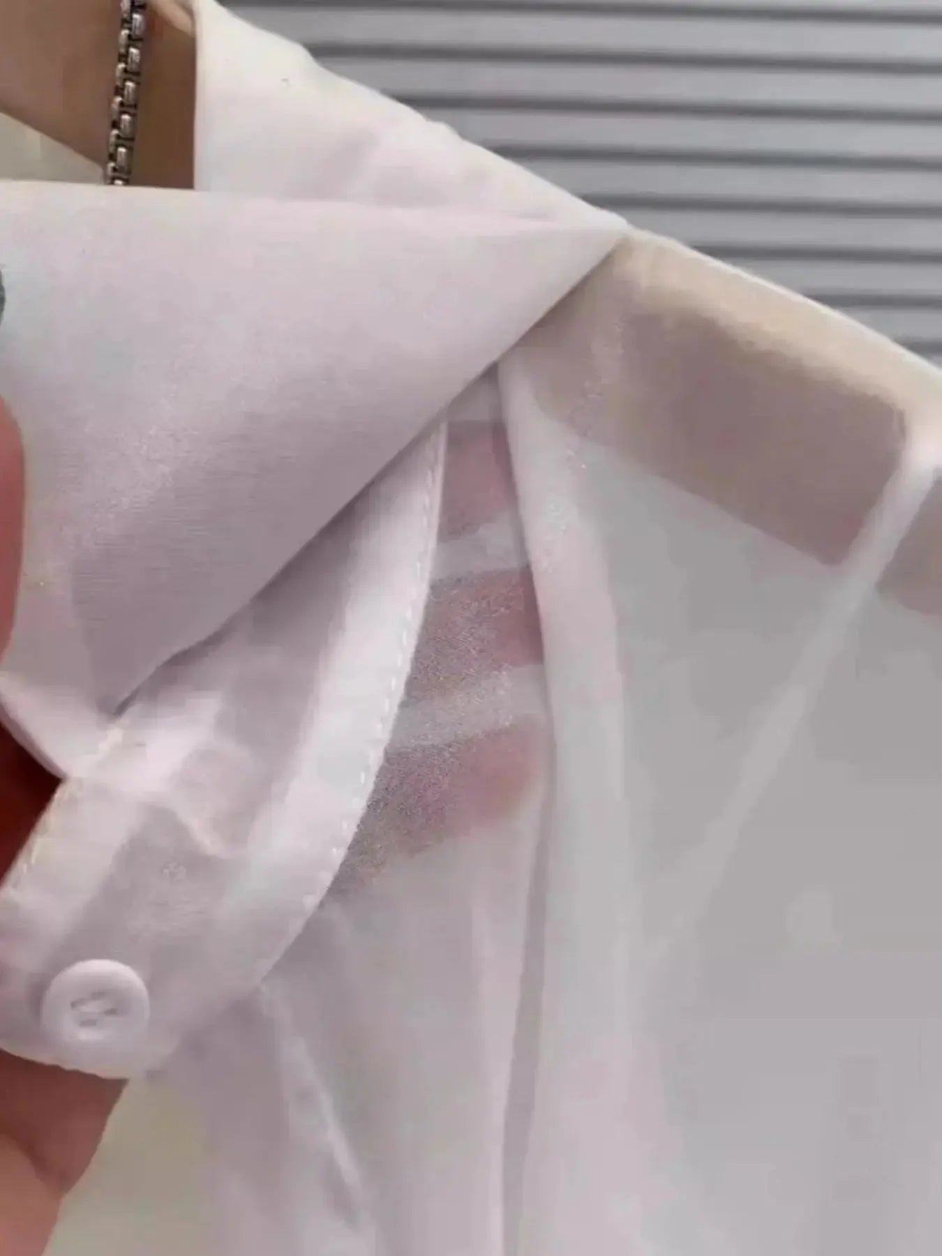Plus-Size Women's white ice-silk sheer blouse with classic collar and long sleeves