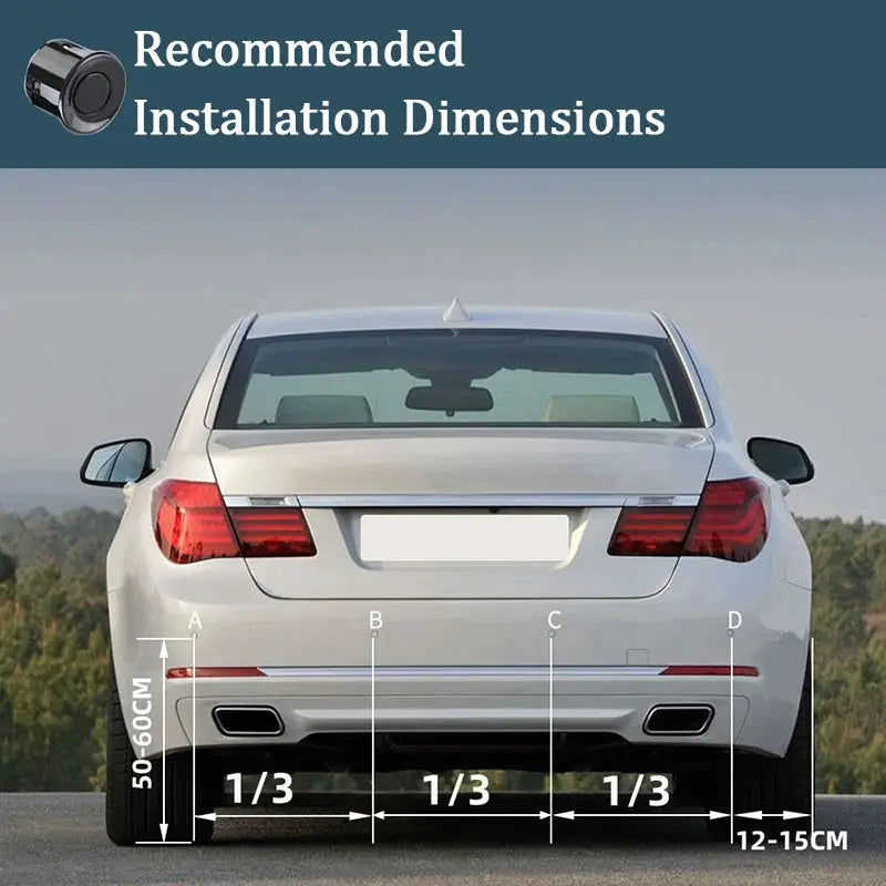 Hippcron four-sensor car parking radar kit installation diagram on white sedan, showing bumper measurements