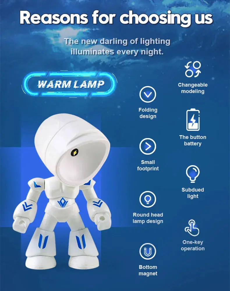 Mini Night Light LED cartoon hero police desk lamp, white robot figure with blue accents, Simples Market