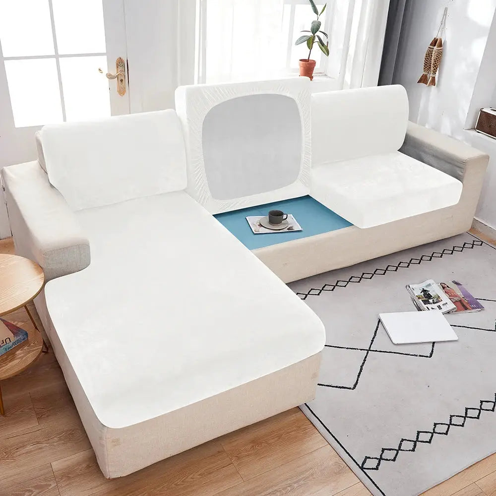 1pc plush white sofa slipcover for L-shaped sectional; anti-slip elastic fabric protects living room furniture