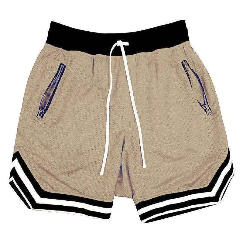 Men's basketball shorts by Simples Market, beige mesh quick-dry with black waistband and striped hem.