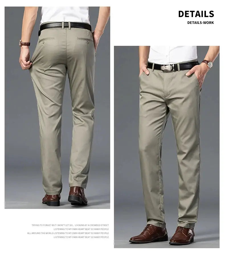 Simples Market men's slim cotton pants in green khaki for business casual wear.