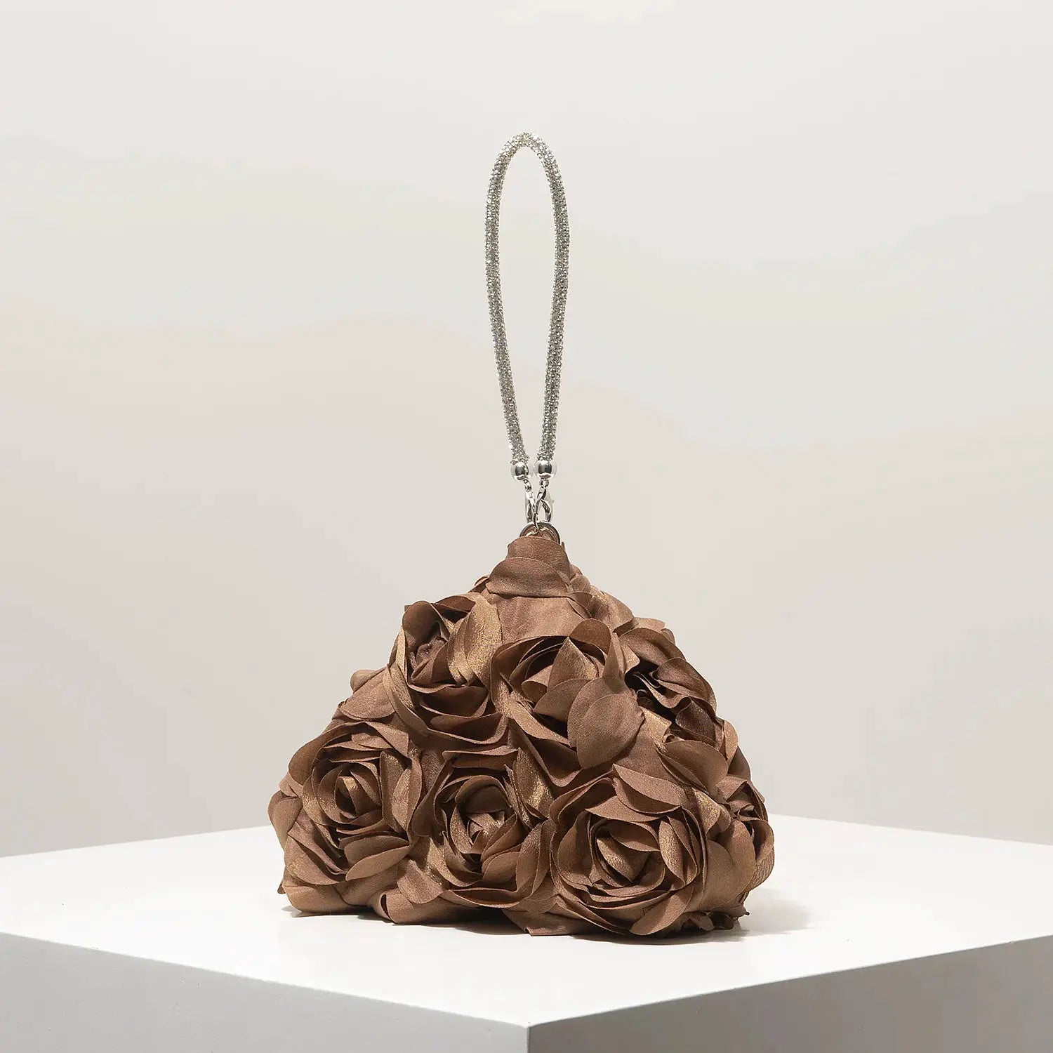 Mini purse floral rosette clutch in brown fabric with a silver rhinestone chain strap, Simples Market