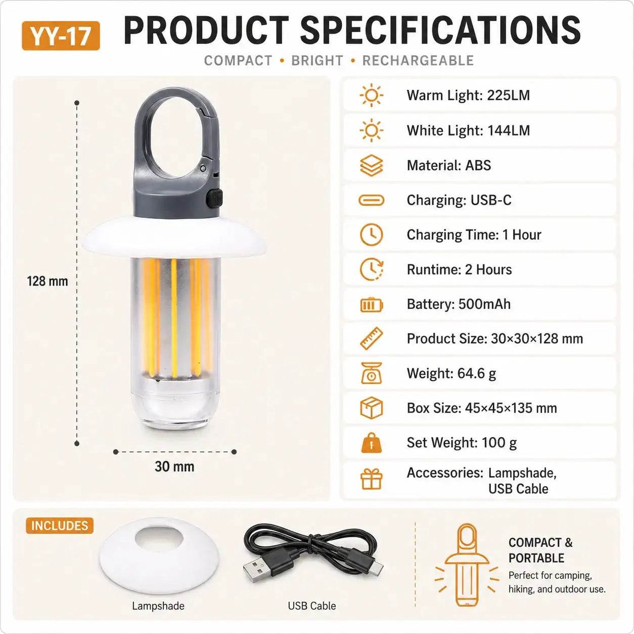 Simples Market LED Rechargeable Camping Lantern Flashlight, 5 modes, USB-C charging, ABS body, waterproof