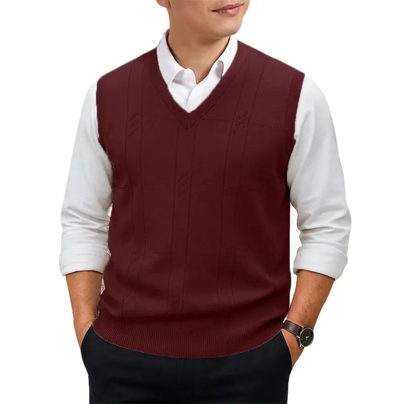 Men's sleeveless V-neck knit vest in burgundy worn over a white shirt; lightweight solid pullover