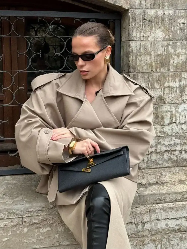 Lace Up Trench Coat For Women Waist Cinching Windproof Autumn Office Ready Outerwear