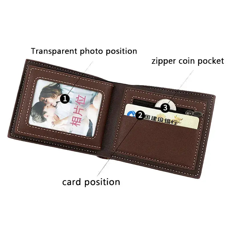 Short men's wallet by Simples Market in brown PU leather with transparent ID window and zip coin pocket