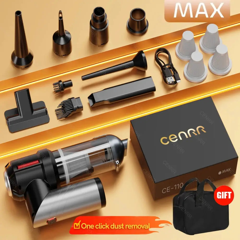 CENRR cordless car vacuum cleaner by Simples Market; black handheld with clear dust canister and 998000PA suction, plus multiple attachments