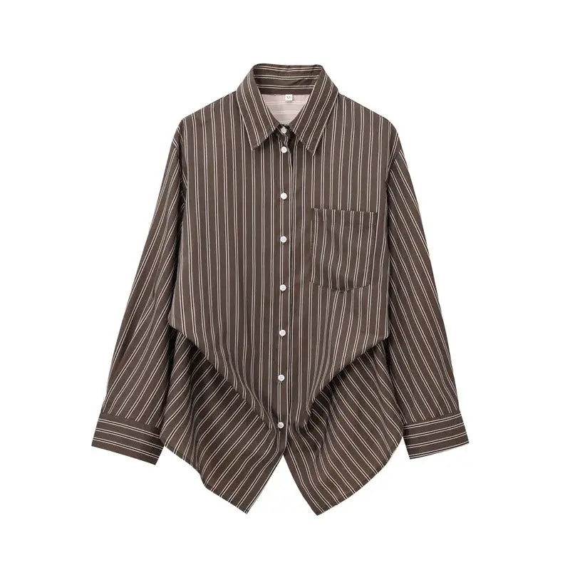 Autumn striped blouse by Simples Market; brown with white stripes, turn-down collar, long sleeves, chest pocket.