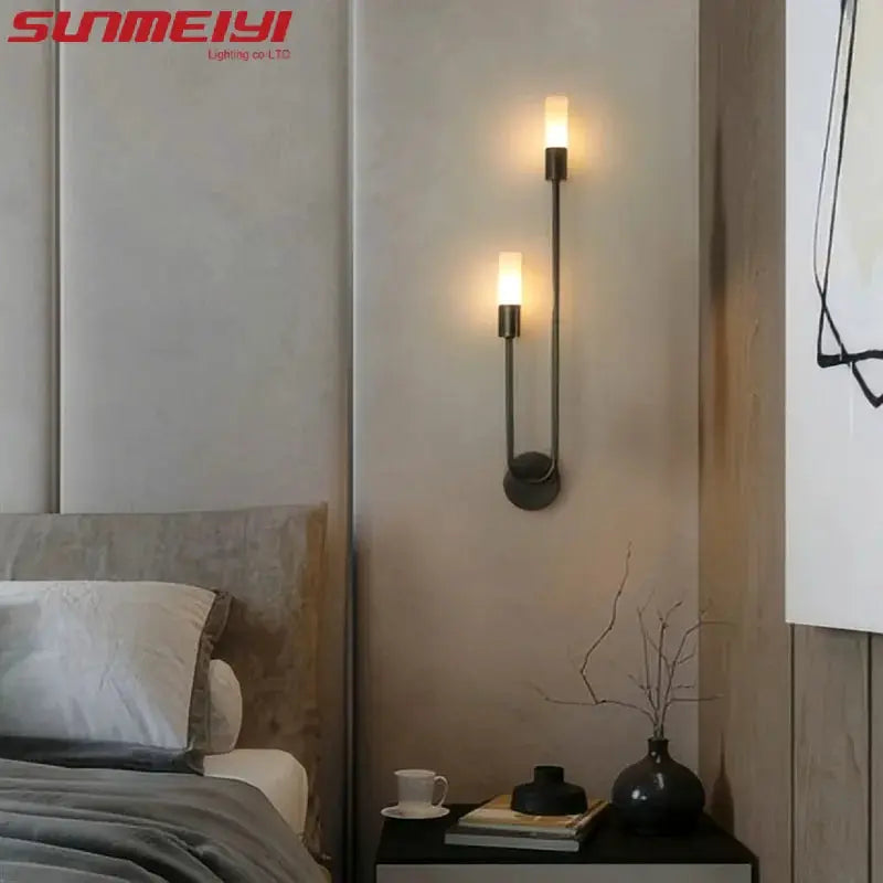 LED wall lamp dual, black metal with golden glass shades; SUNMEIYI logo visible.