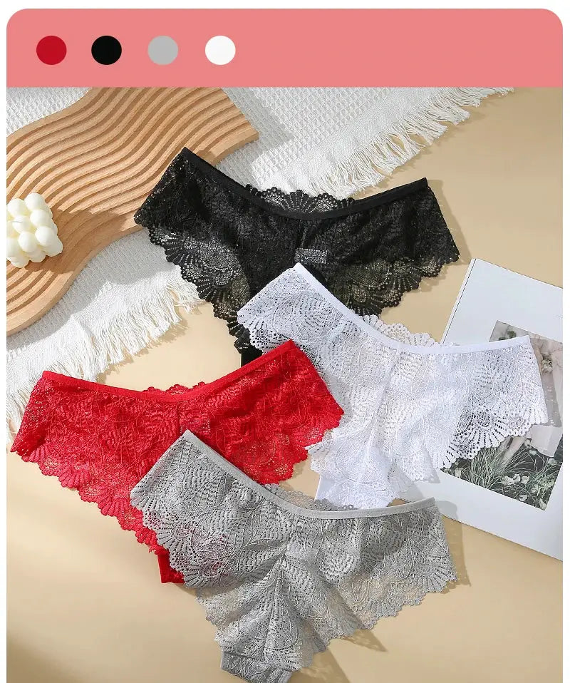 Lace mid-waist women's panties set, seamless and breathable, five-piece color assortment in black, red, white and gray