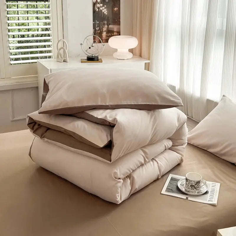 Simples Market 2-side solid color brush fabric bed set, 4 pieces with beige duvet cover and pillowcases