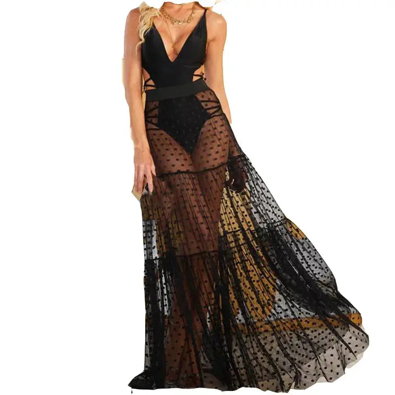 Women's Y2K Korean style black mesh polka-dot maxi skirt, floor-length with high waist and sheer overlay