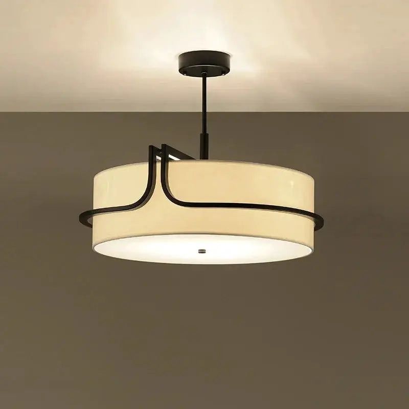 Modern fabric art ceiling chandelier with black metal accents and beige drum shade pendant light