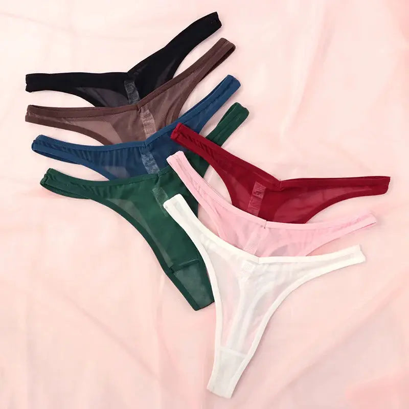 Seamless women's thong set of seven colors in black, brown, blue, green, pink, red, white; translucent mesh T-back by Simples Market