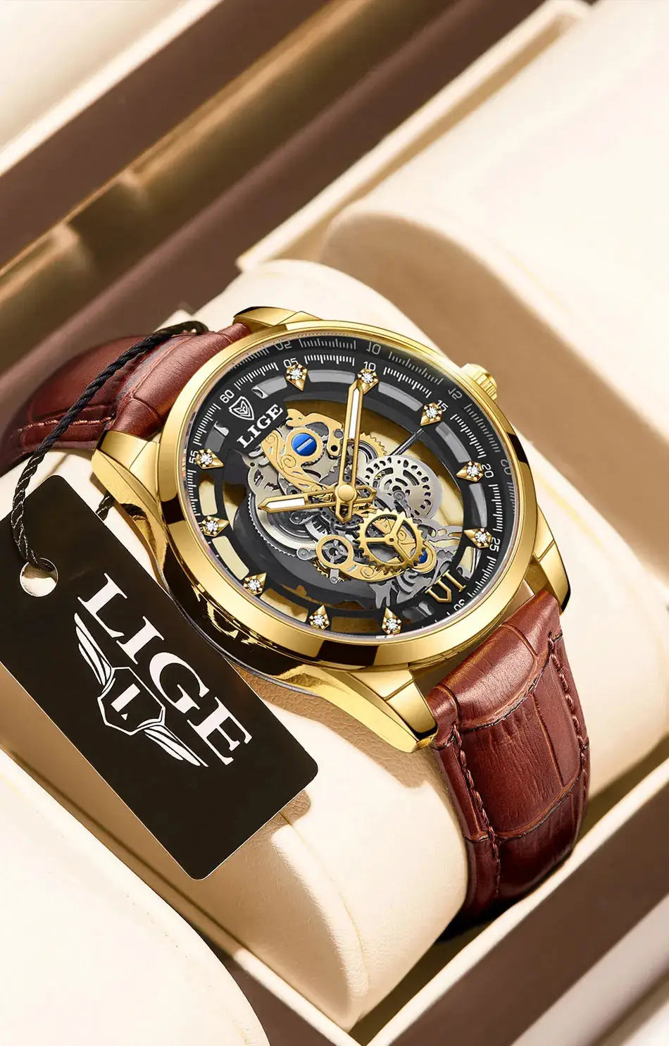 LIGE gold-tone skeleton men's watch with brown leather strap and visible gears