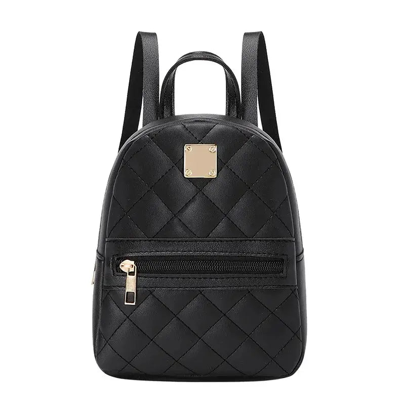 Black quilted mini women's backpack with gold hardware and two shoulder straps.