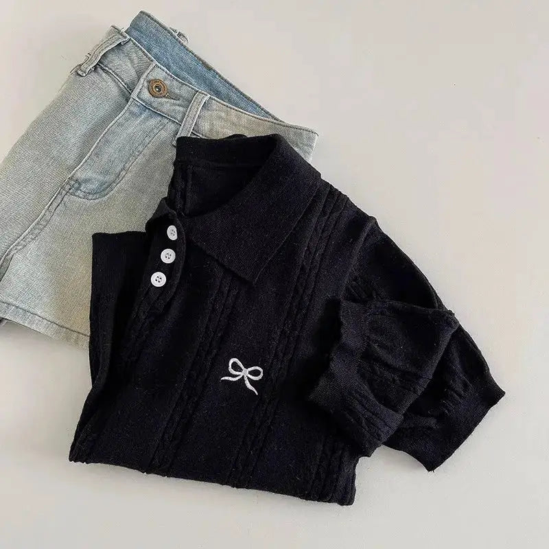 AOSSVIAO Korean Knitted Polo Shirt Women Bow Embroidered Top