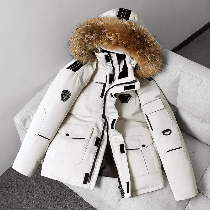 Men's white down parka with fur-trimmed hood and multiple pockets