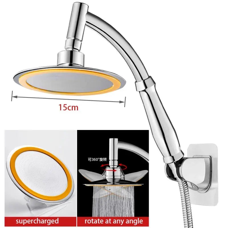 6-inch round rainfall handheld shower head by Simples Market with 360° rotation, chrome finish.