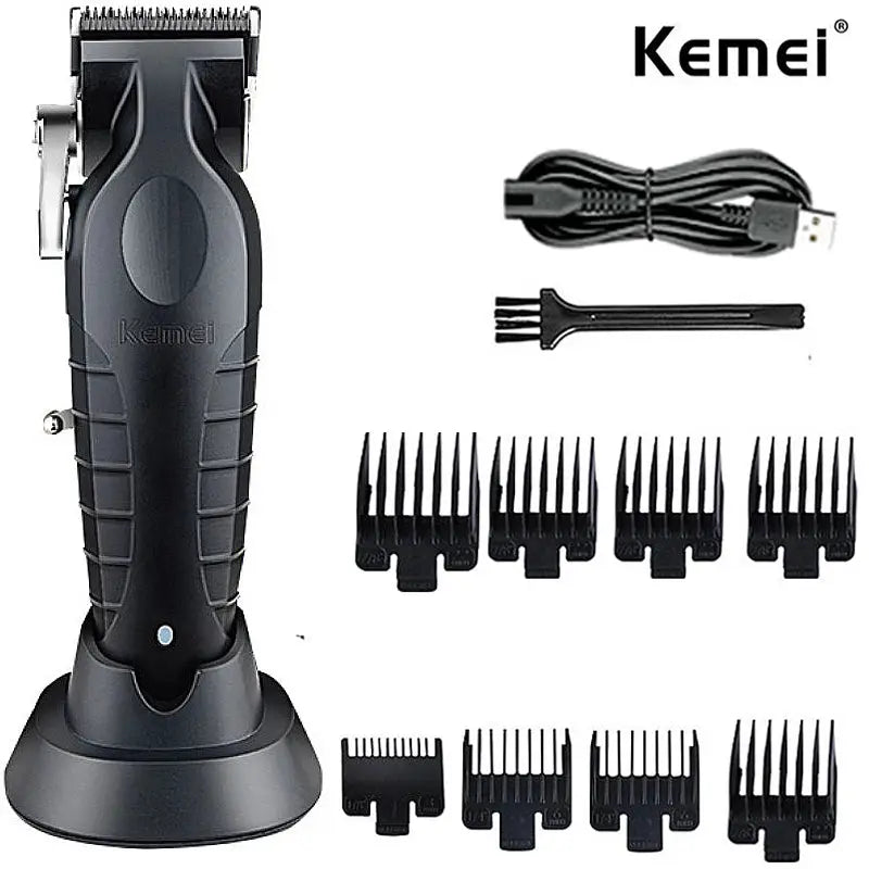 Kemei professional hair clipper kit with stand, USB cable, and assorted guide combs