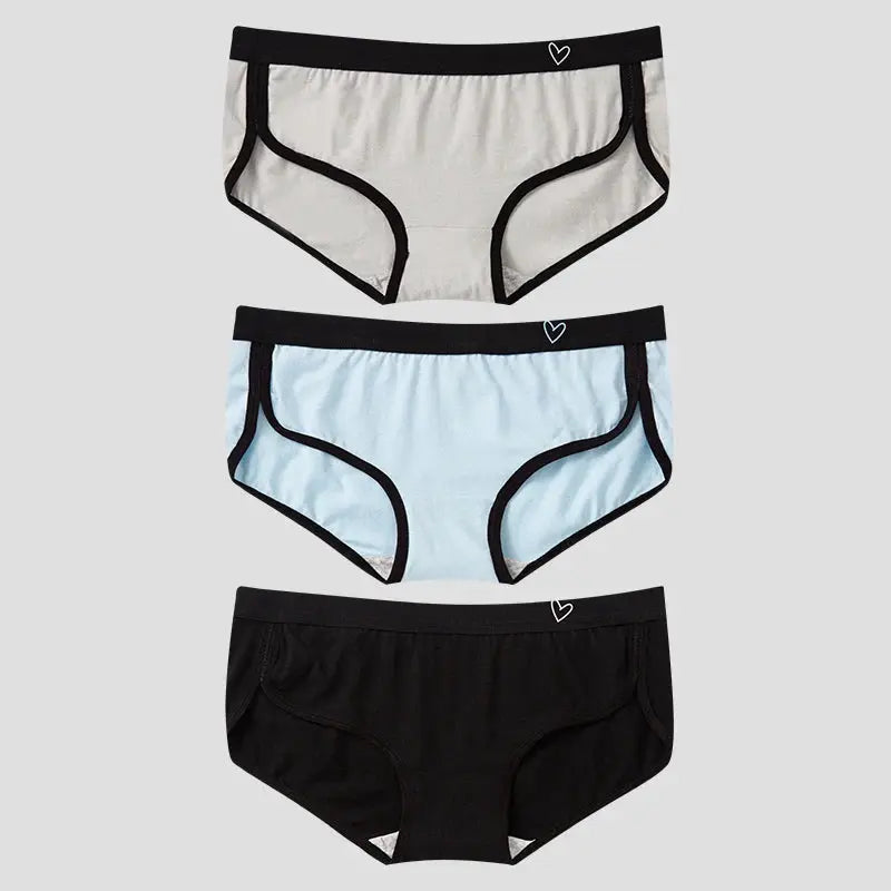 Simples Market 3-pack women's cotton low-rise briefs with black trim in beige, blue, and black