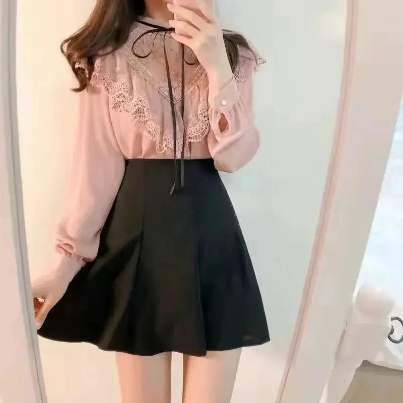 Skirt and blouse set: black high-waisted A-line mini skirt with pink lace blouse