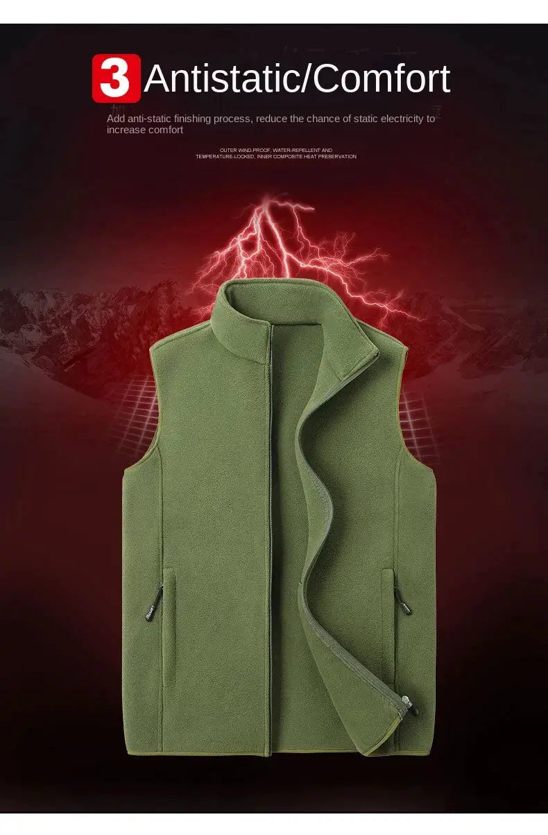 Men's olive-green plus-size fleece vest with stand collar and zippered pockets, winter sleeveless coat