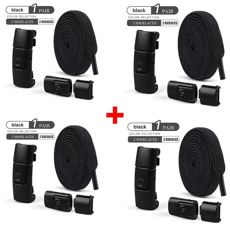 Simples Market black 8mm no-tie elastic flat shoelaces with press-lock, 4-pack