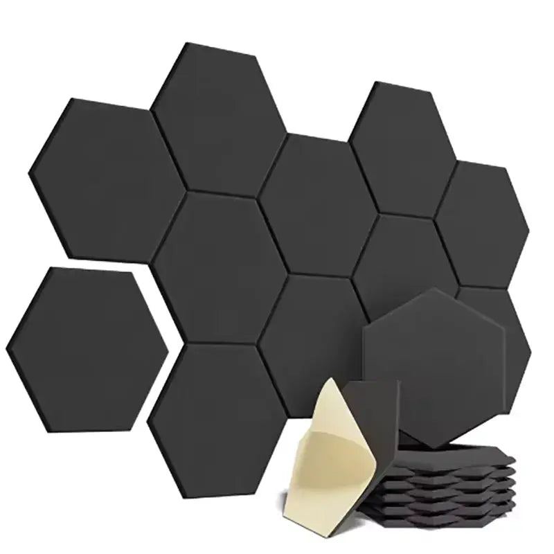 12 Pack Hexagonal Self Adhesive Acoustic Panels Y Lined Design to Absorb Noise and Eliminate Echoes Black