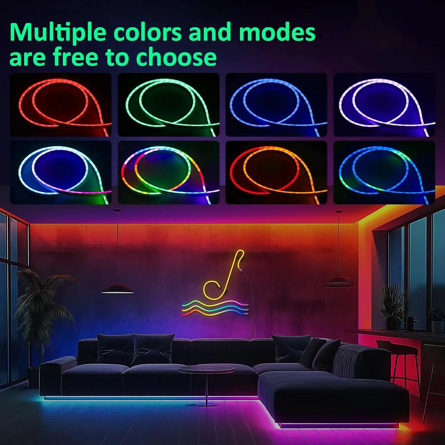 Neon LED rope lights by Simples Market; RGB flexible light strip with remote and app control, eight color options