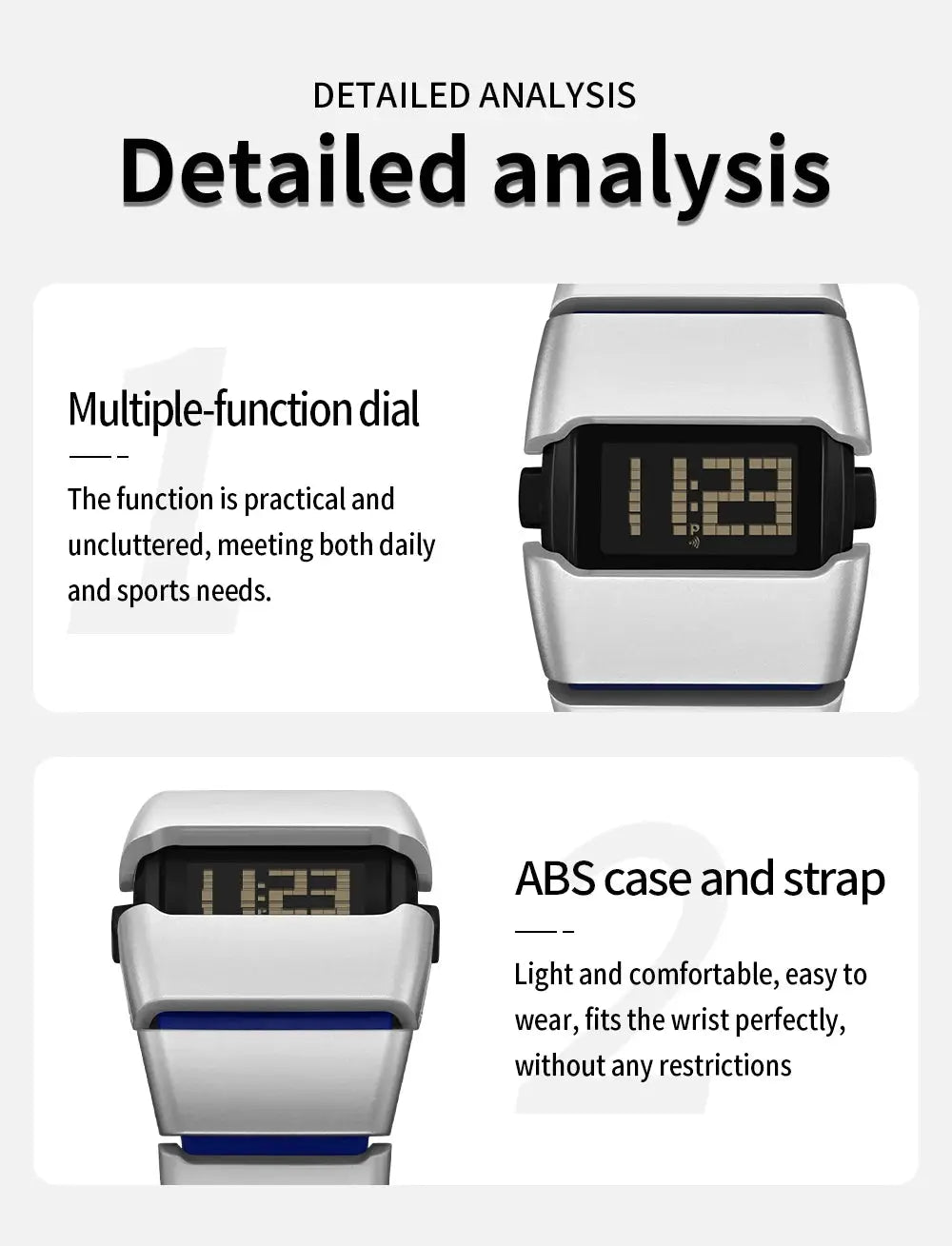 SANDA 9504 retro digital watch with silver ABS case and blue-accent strap
