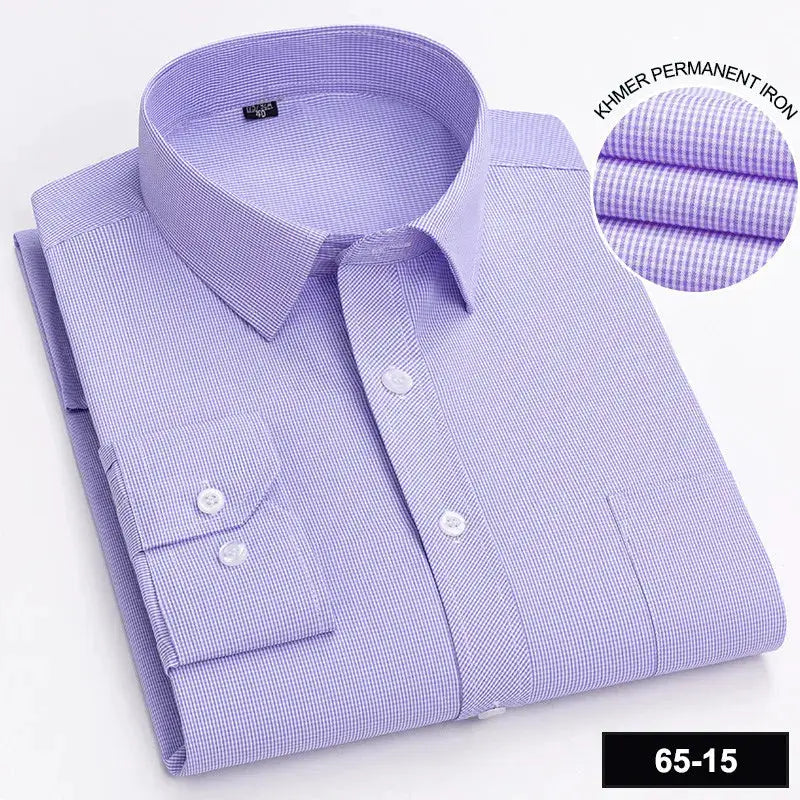 Men's long sleeve lavender check shirt with a single pocket.