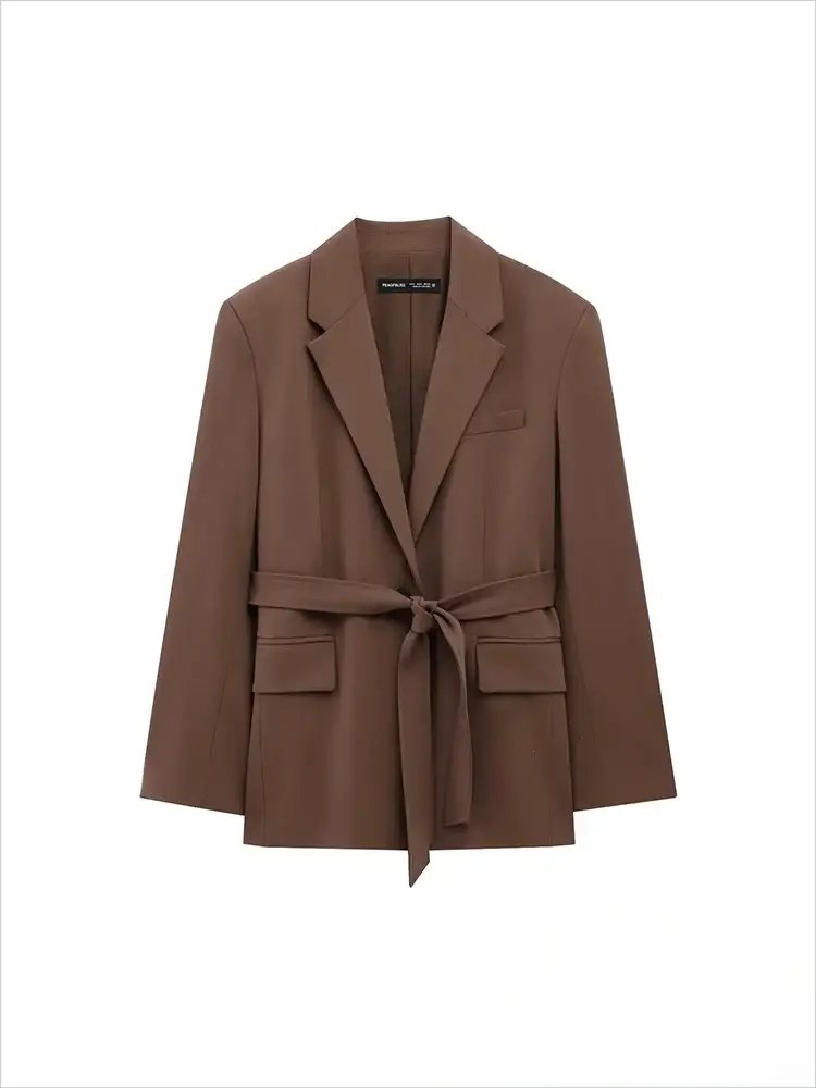 KONDALA brown women's blazer set with waist belt, front flap pockets, notch lapels